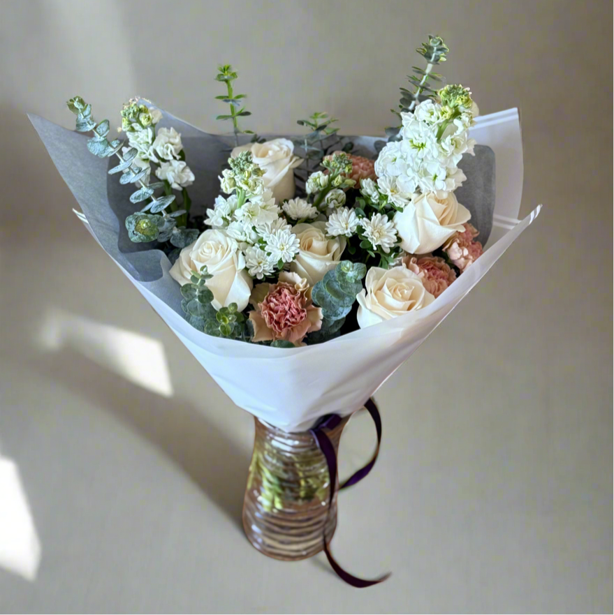 Pastel Garden Bouquet – White Roses & Eucalyptus