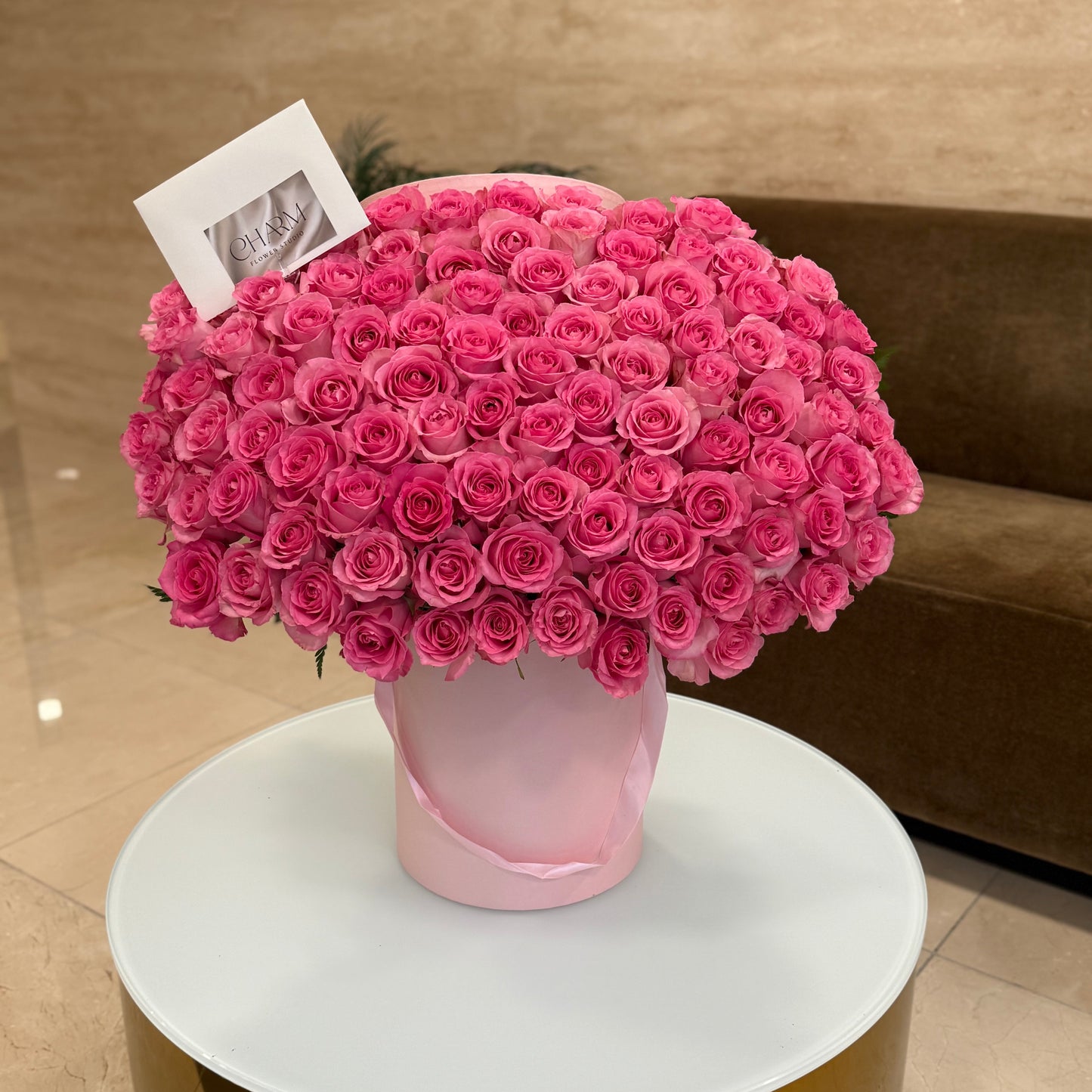 Elegant Pink Rose Hatbox Arrangement