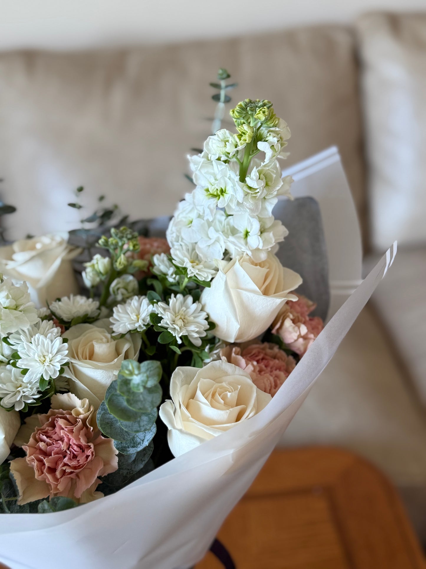 Pastel Garden Bouquet – White Roses & Eucalyptus