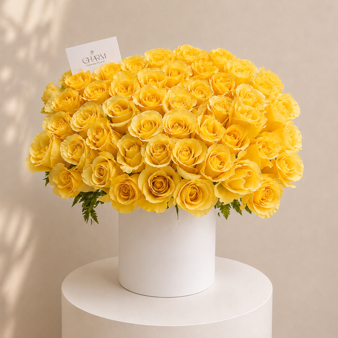 Luxury Yellow Rose Hatbox Arrangement