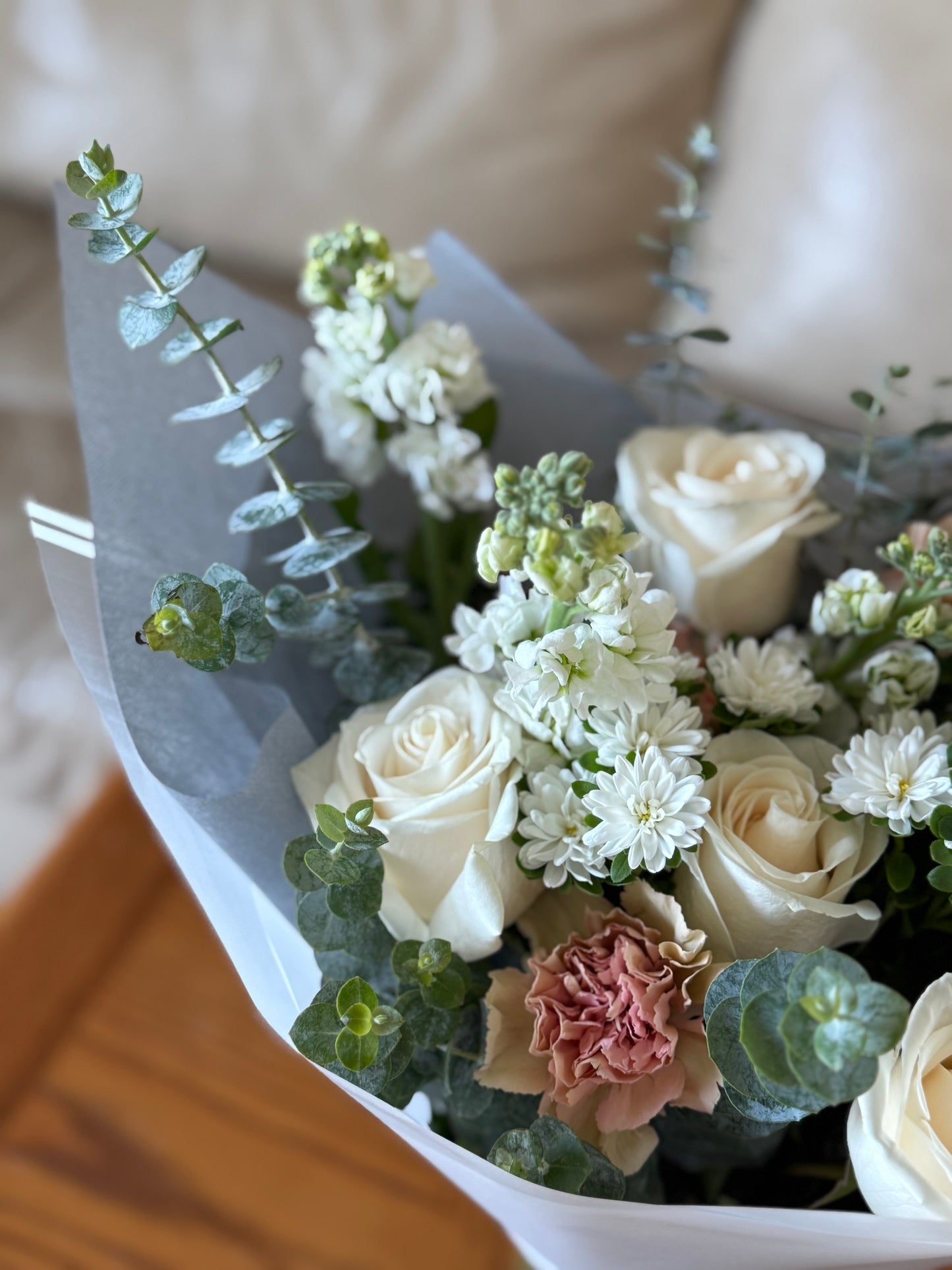 Pastel Garden Bouquet – White Roses & Eucalyptus