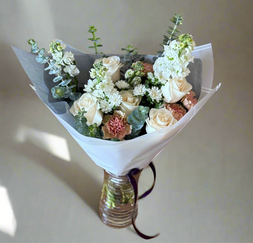 Pastel Garden Bouquet – White Roses & Eucalyptus