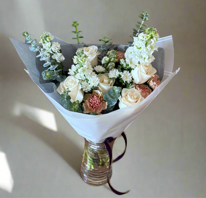 Pastel Garden Bouquet – White Roses & Eucalyptus
