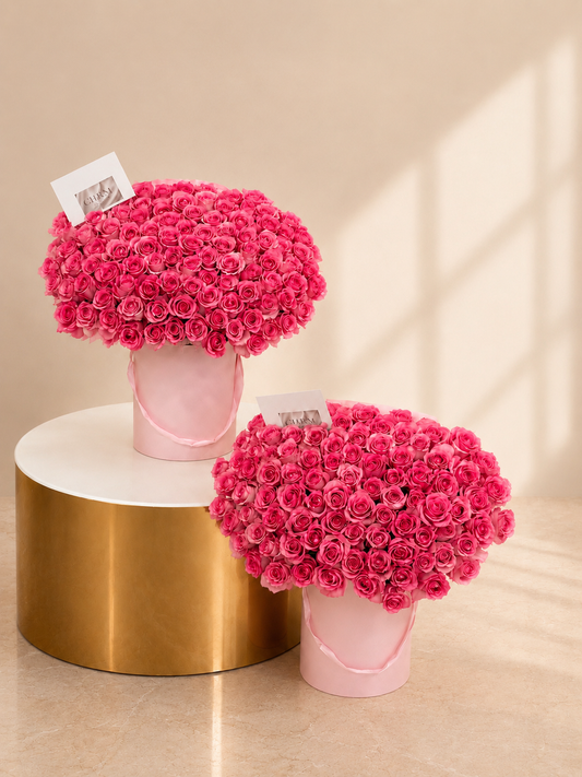 Elegant Pink Rose Hatbox Arrangement