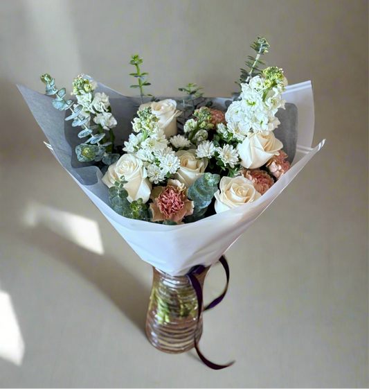 Pastel Garden Bouquet – White Roses & Eucalyptus