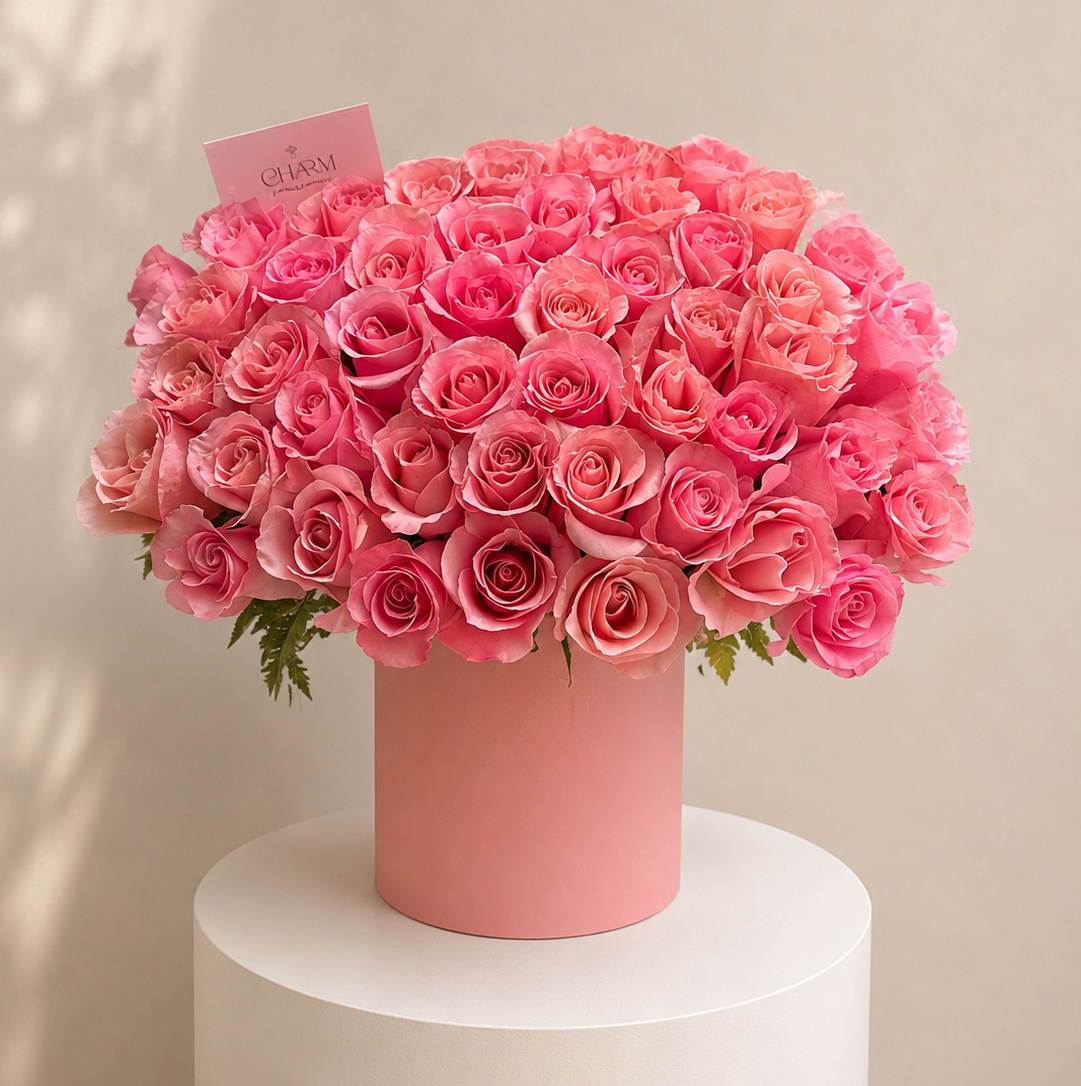 Elegant Pink Rose Hatbox Arrangement