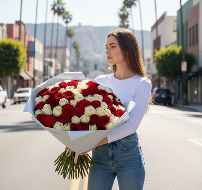 Classic bouquet of long-stem white and red roses — elegant sympathy or wedding flowers for LA delivery