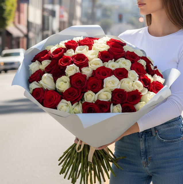 Grand Red & White Rose Bouquet
 (50 stems)