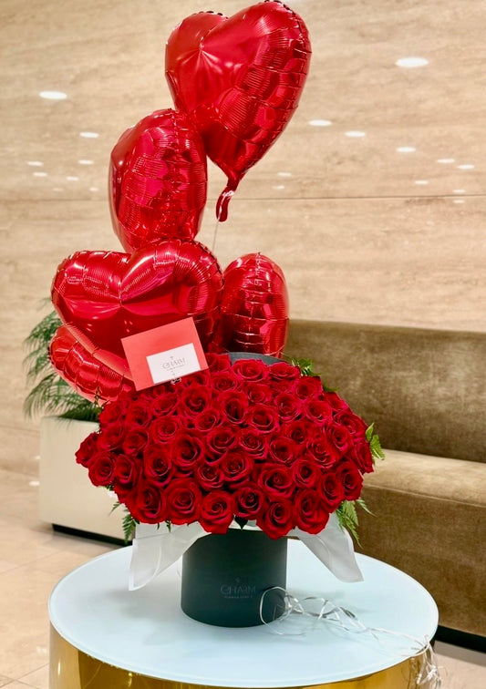 50 Red Roses + Heart Balloons Set