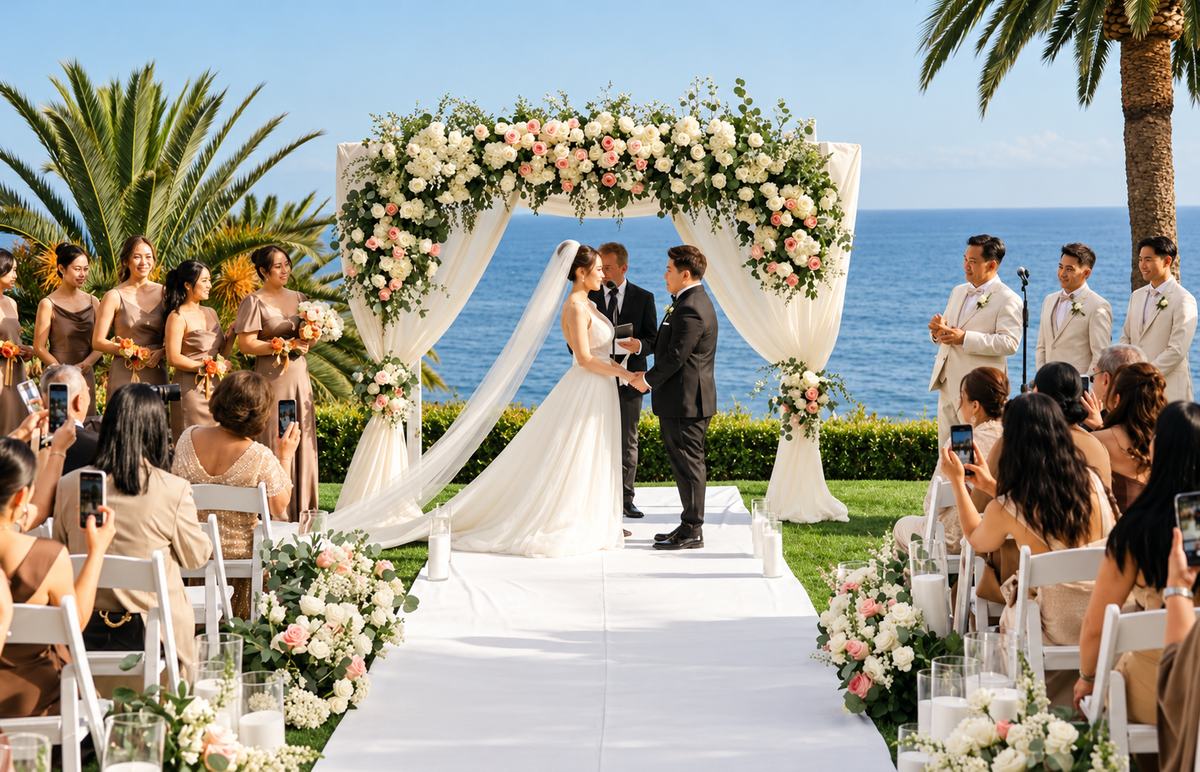Outdoor oceanfront wedding ceremony beneath an arch of white and blush flowers